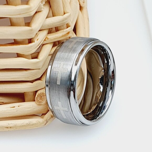 "Silver Tungsten Wedding Ring with Christian Cross Inlay, GALTUN149 - Picture 3 of 6